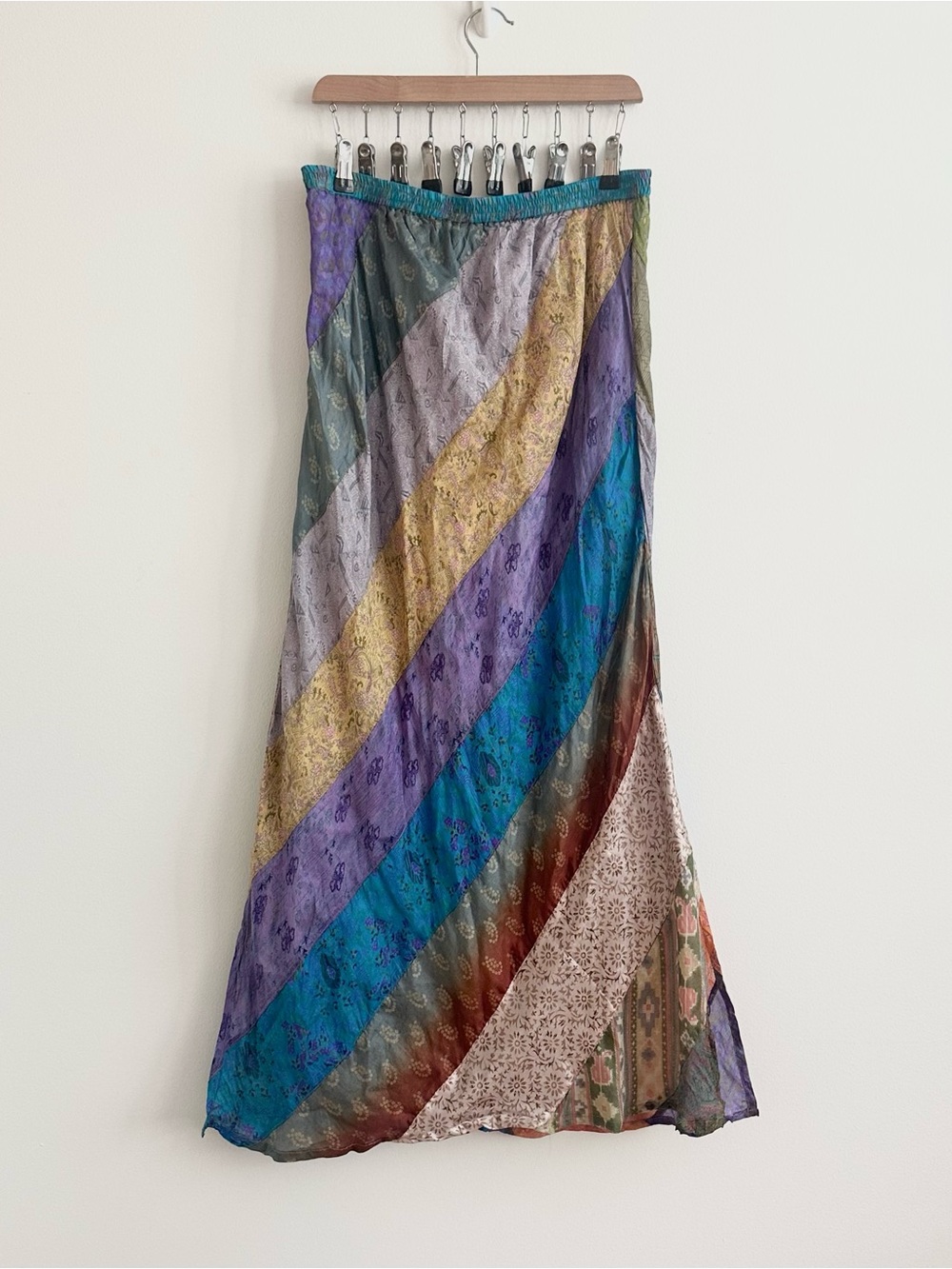 Vintage Y2K Blue Sky Silk Cotton Asymmetrical Striped Panelled Midi/Maxi Skirt